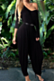 plus size autumn new stylish solid color pocket hollow stretch loose jumpsuit (with belt)_Black