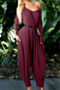 plus size autumn new stylish solid color pocket hollow stretch loose jumpsuit (with belt)_Black_Red