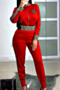 plus size new stylish batch printing pattern sequin zip-up stretch casual two-piece set (new add colors)_Red