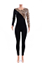 plus size new stylish solid color spliced leopard batch printing zip-up stretch fit jumpsuit_Black