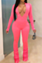plus size new solid color five colors stylish deep v-neck high elastic pleated jumpsuit_Black_Pink