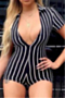 plus size new stylish streak batch printing zip-up stretch fit slim playsuit_Black
