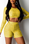 new stylish solid color sequin slim short long sleeve top stretch fit two-piece set_Red_Beige_Blue_Yellow