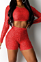 new stylish solid color sequin slim short long sleeve top stretch fit two-piece set_Red