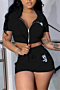 plus size new stylish diamond applique hooded stretch zip-up stretch two-piece set_Black