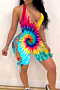plus size new stylish hollow lace-up tie-dyed printing stretch playsuit_Light Green_Blue_Watermelon Red