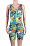 plus size v-neck cartoon batch printing stretch zip-up slim playsuit_Sky Blue_Multicolor_Green