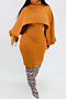 plus size four colors autumn new high neck sweater with slim fit dress stretch two-piece set_Black_Orange