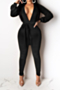 autumn new stylish three colors deep v neck backless velvet tight stretch jumpsuit(with belt)_Black