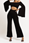 new stylish five colors plus size strapless flare sleeve hollow zip-up slim stretch bell jumpsuit_Black