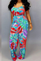 plus size six colors digital print sling pockets loose stylish jumpsuit with belt (batch printed)_Yellow_Green_Blue