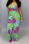 plus size six colors digital print sling pockets loose stylish jumpsuit with belt (batch printed)_Yellow_Green