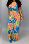 plus size six colors digital print sling pockets loose stylish jumpsuit with belt (batch printed)_Yellow_Green_Blue_Purple_Orange