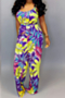 plus size six colors digital print sling pockets loose stylish jumpsuit with belt (batch printed)_Yellow_Green_Blue_Purple