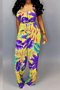 plus size six colors digital print sling pockets loose stylish jumpsuit with belt (batch printed)_Yellow