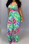 plus size six colors digital print sling pockets loose stylish jumpsuit with belt (batch printed)_Yellow_Green_Blue_Purple_Orange_Light Green