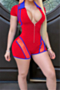 plus size see through mesh spliced stretch zip-up sexy sports slim playsuit_Red