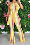 new plus size stripes print stretch halter-neck lace-up stylish slim jumpsuit_Blue_Orange_Yellow