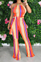 new plus size stripes print stretch halter-neck lace-up stylish slim jumpsuit_Blue_Orange