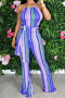 new plus size stripes print stretch halter-neck lace-up stylish slim jumpsuit_Blue