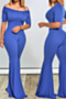 new plus size solid color stretch round-neck stylish flare jumpsuit_Pink_Orange_Yellow_Blue