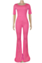 new plus size solid color stretch round-neck stylish flare jumpsuit_Pink