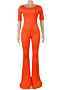 new plus size solid color stretch round-neck stylish flare jumpsuit_Pink_Orange
