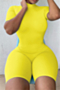 plus size 6 colors solid color back zip-up high elastic slim playsuit_Black_White_Light Green_Pink_Yellow