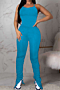 plus size solid color open back laced sling pleated stretch jumpsuit_Black_Sky Blue