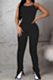 plus size solid color open back laced sling pleated stretch jumpsuit_Black
