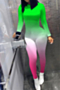 plus size 6 colors gradual color printing back zip-up stretch tight jumpsuit_Purple_Light Green