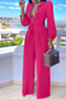 plus size 4 colors autumn solid color single breasted wide leg simple casual jumpsuit (with belt)_Black_Orange_Magenta