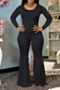 new stylish solid color plus size 4 colors simple stretch casual flare jumpsuit_Black