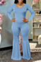 new stylish solid color plus size 4 colors simple stretch casual flare jumpsuit_Black_Sky Blue