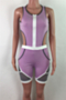 plus size summer solid color spliced mesh zip-up hollow out stretch playsuit_Purple
