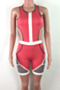 plus size summer solid color spliced mesh zip-up hollow out stretch playsuit_Purple_Red