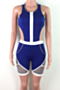 plus size summer solid color spliced mesh zip-up hollow out stretch playsuit_Purple_Red_Blue