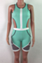 plus size summer solid color spliced mesh zip-up hollow out stretch playsuit_Purple_Red_Blue_Orange_Light Green