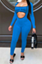 plus size autumn letter printing hollow out new stylish stretch tight jumpsuit_Blue