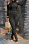plus size autumn solid color simple hollow out stretch pleated jumpsuit (with chain)_Black