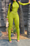 plus size autumn solid color simple hollow out stretch pleated jumpsuit (with chain)_Black_White_Light Green