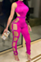 new plus size solid color stretch hollow back zip-up sexy stylish tight jumpsuit_Magenta