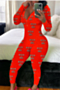 autumn new three colors plus size digital print stretch v-neck snap stylish home slim jumpsuit_Pink_Red
