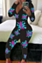 new three colors plus size fixed print stretch v-neck snap stylish home slim jumpsuit_Pink_Red_Black