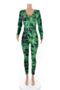 autumn new two colors plus size cartoon leaves print stretch v-neck stylish home slim jumpsuit_Green