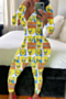 autumn new two colors plus size cartoon leaves print stretch v-neck stylish home slim jumpsuit_Green_Yellow