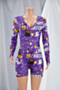 halloween style 3 colors plus size cartoon print stretch v-neck snap stylish playsuit_Gray_Dark Gray_Purple