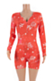 plus size autumn new 4 colors batch print stretch v-neck snap stylish home playsuit_Blue_Red