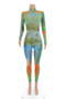 plus size autumn dollar pattern print mesh stretch high-neck back zip-up stylish sexy slim jumpsuit_Green
