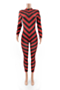 autumn winter new plus size stripes print stretch back zip-up stylish slim jumpsuit_Red